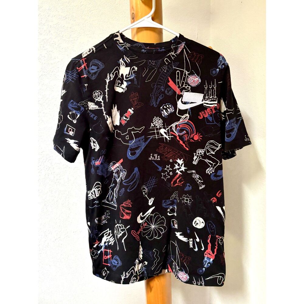 Nike Sportswear AOP Graphic T-Shirt Black Doodle Print Just Do It Medium